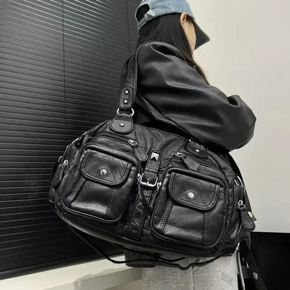 Grand sac à main de cours rétro multipoches à bandoulière Inès