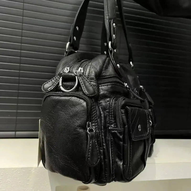 Grand sac à main de cours rétro multipoches à bandoulière Inès