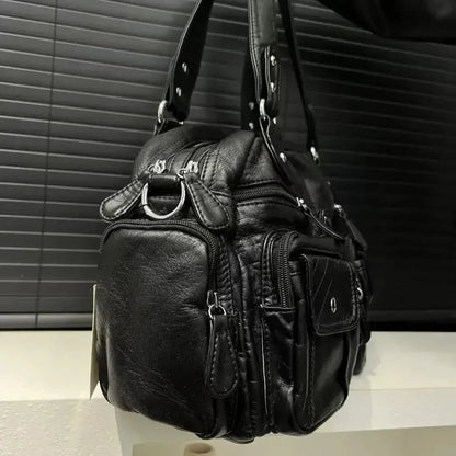 Grand sac à main de cours rétro multipoches à bandoulière Inès