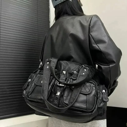 Grand sac à main de cours rétro multipoches à bandoulière Inès