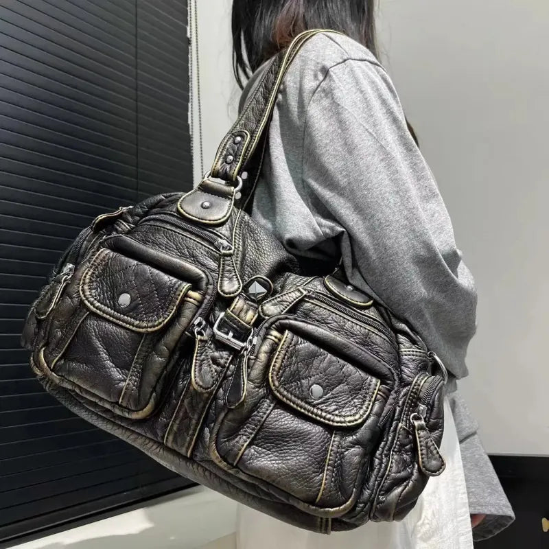 Grand sac à main de cours rétro multipoches à bandoulière Castille