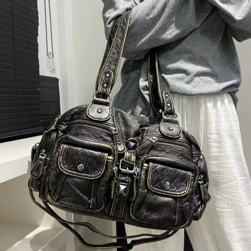 Grand sac à main de cours rétro multipoches à bandoulière Castille