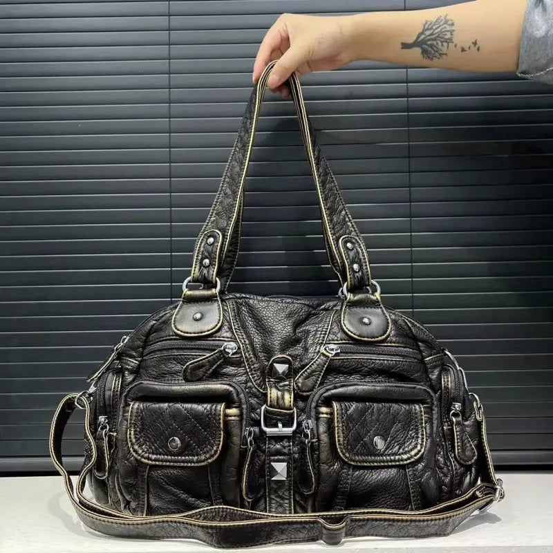 Grand sac à main de cours rétro multipoches à bandoulière Castille