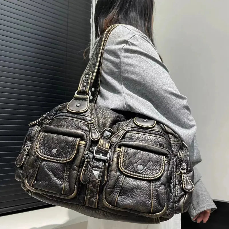 Grand sac à main de cours rétro multipoches à bandoulière Castille