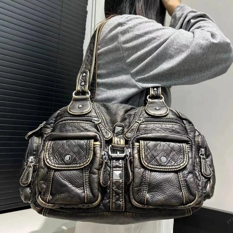 Grand sac à main de cours rétro multipoches à bandoulière Castille