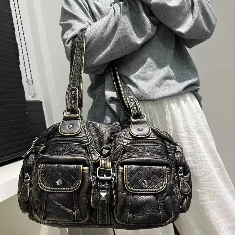 Grand sac à main de cours rétro multipoches à bandoulière Castille