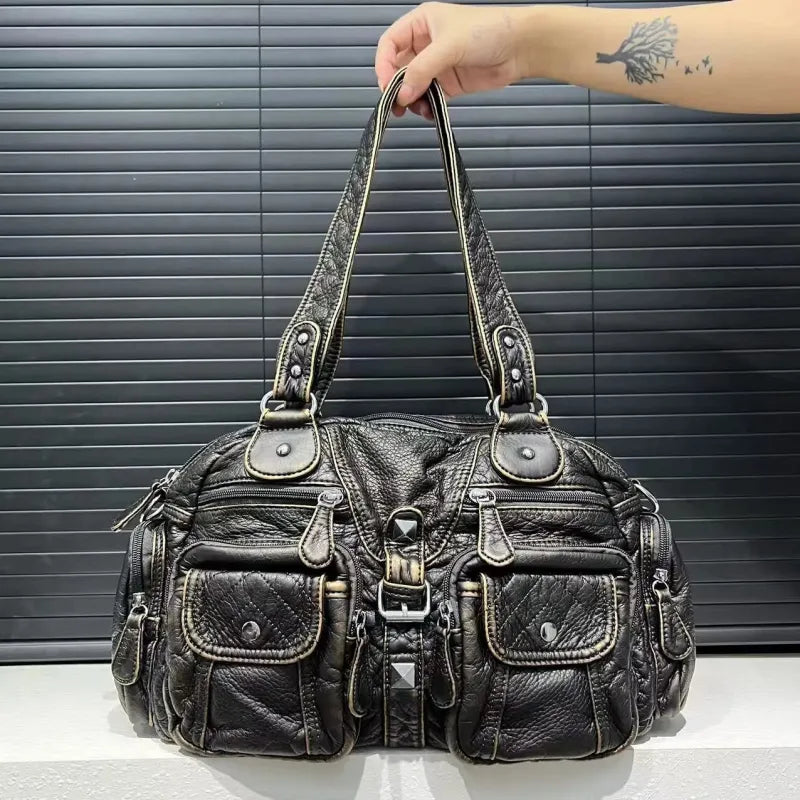 Grand sac à main de cours rétro multipoches à bandoulière Castille