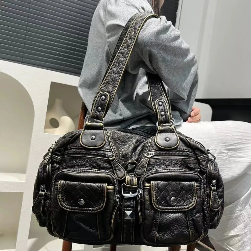 Grand sac à main de cours rétro multipoches à bandoulière Castille