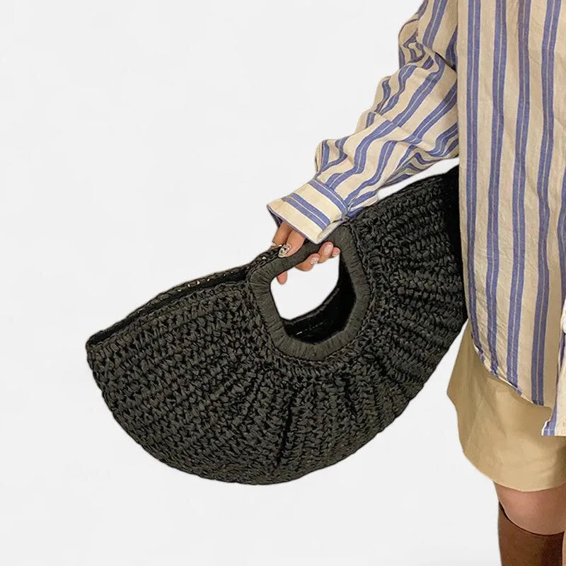 Grand sac à main demi-lune en paille Naïa