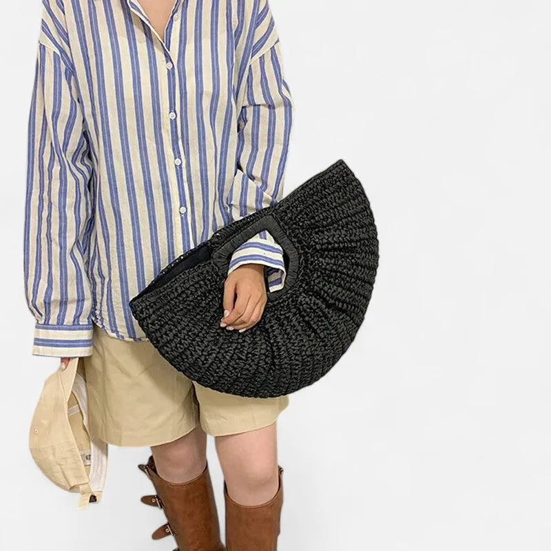 Grand sac à main demi-lune en paille Naïa