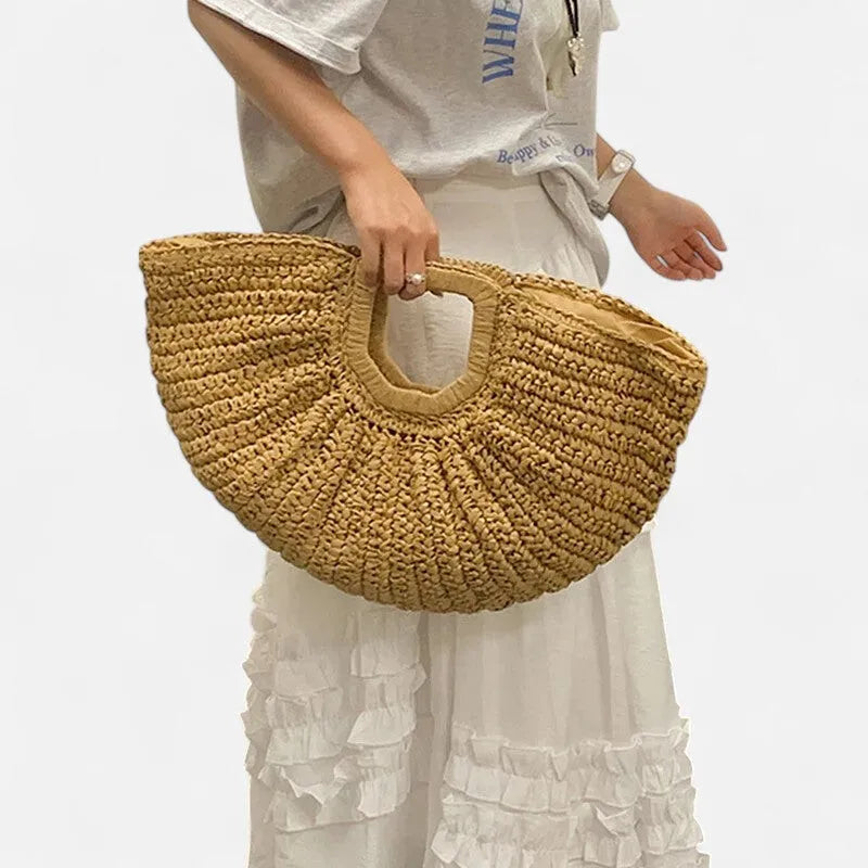 Grand sac à main demi-lune en paille Naïa