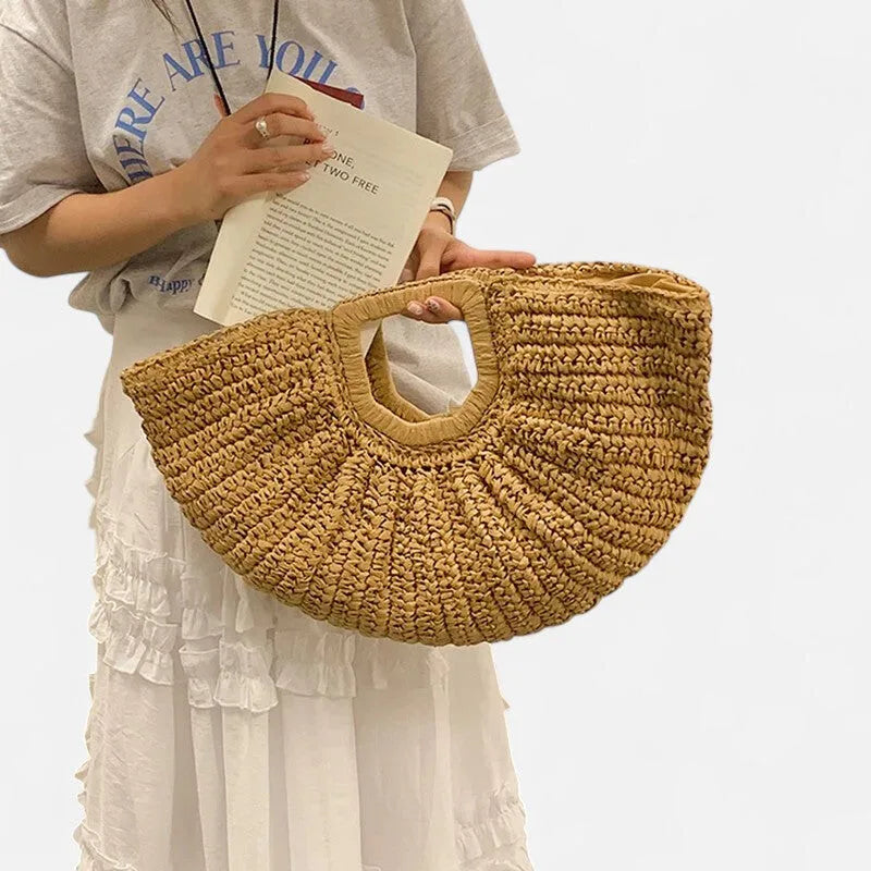 Grand sac à main demi-lune en paille Naïa