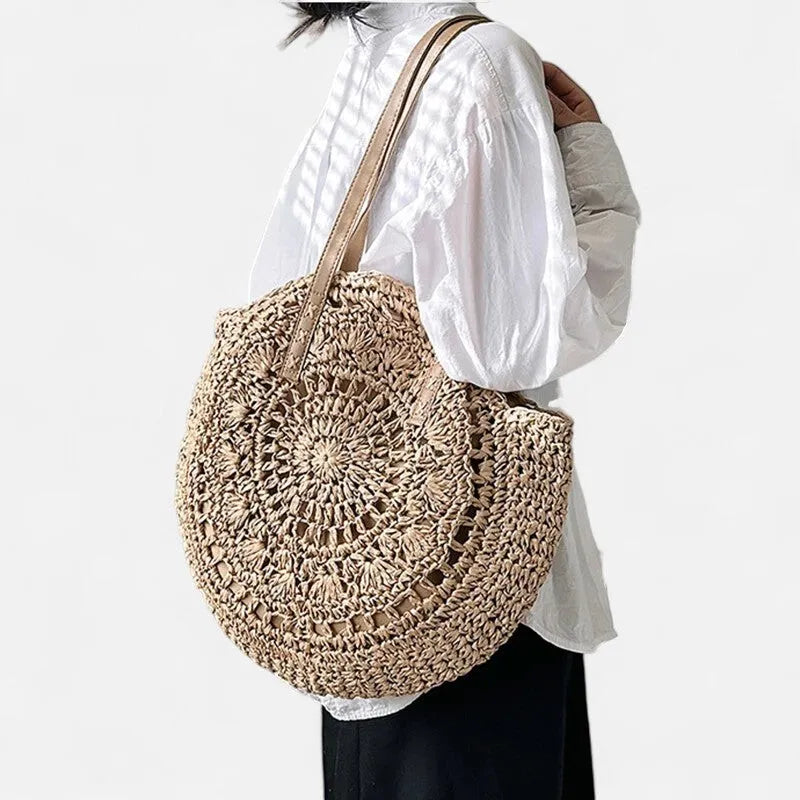 Grand sac à main rond en paille Thaïs