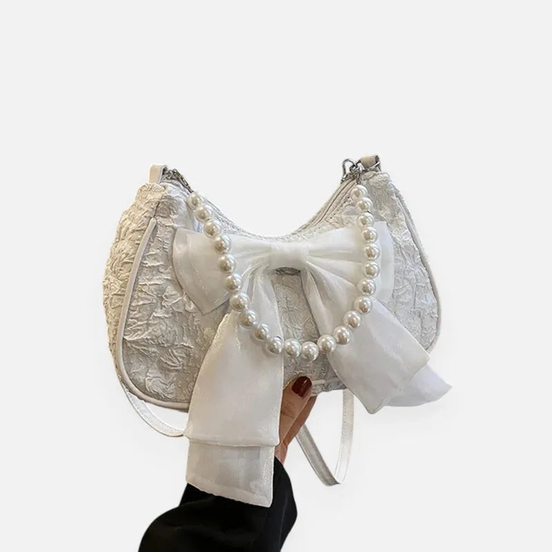 Petit sac à main bandoulière hobo en coton avec anse en perle et noeud décoratif Camille