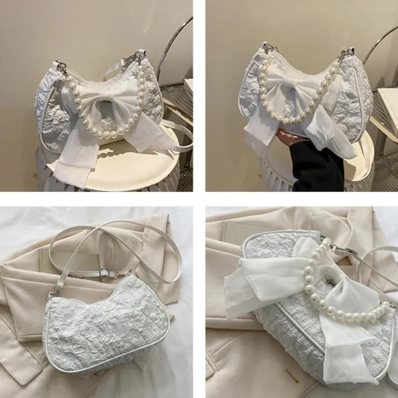 Petit sac à main bandoulière hobo en coton avec anse en perle et noeud décoratif Camille