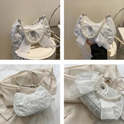 Petit sac à main bandoulière hobo en coton avec anse en perle et noeud décoratif Camille