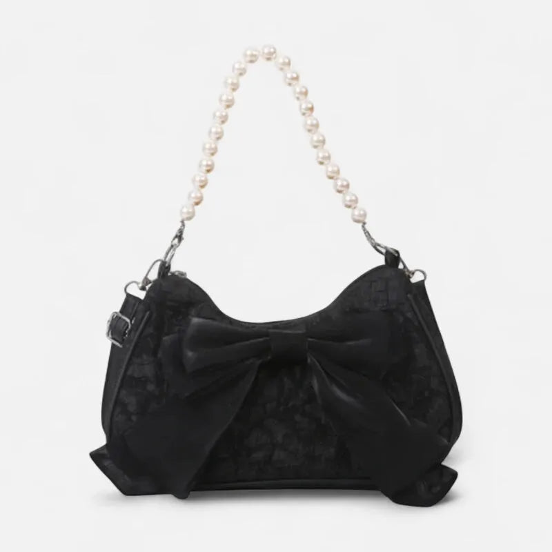 Petit sac à main bandoulière hobo en coton avec anse en perle et noeud décoratif Camille