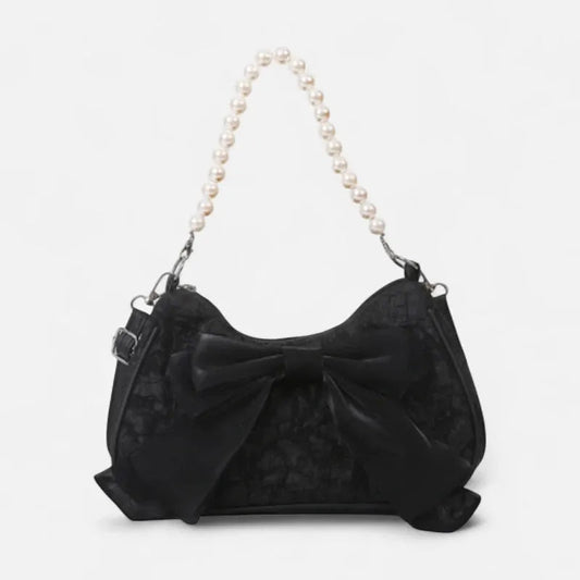 Petit sac à main bandoulière hobo en coton avec anse en perle et noeud décoratif Camille