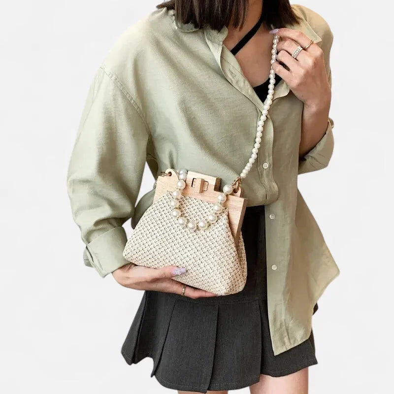 Petit sac à main en paille avec bandoulière et anses en perle Maïa