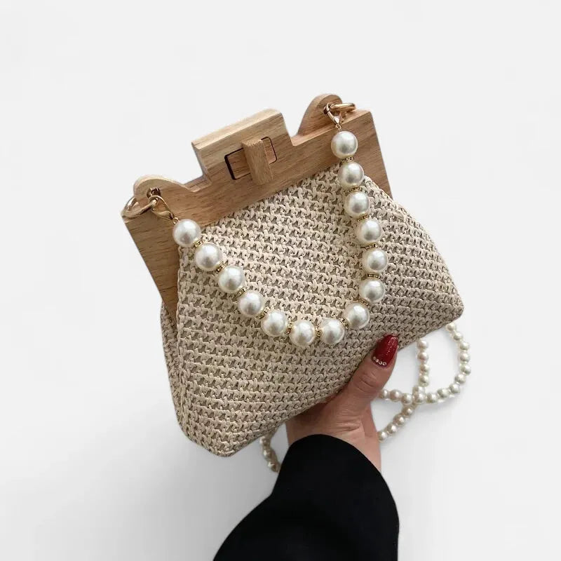 Petit sac à main en paille avec bandoulière et anses en perle Maïa