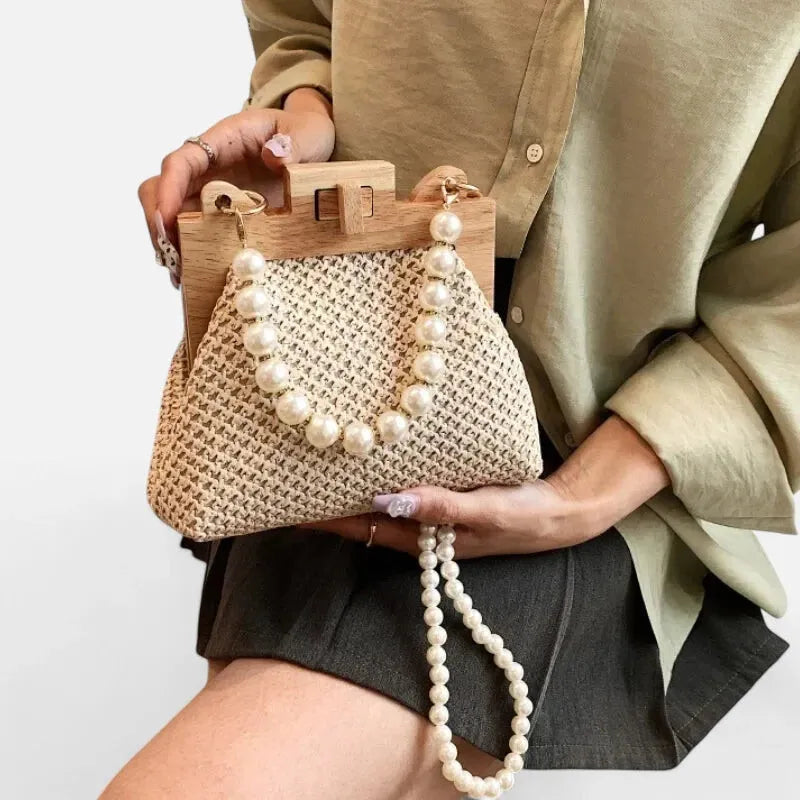Petit sac à main en paille avec bandoulière et anses en perle Maïa