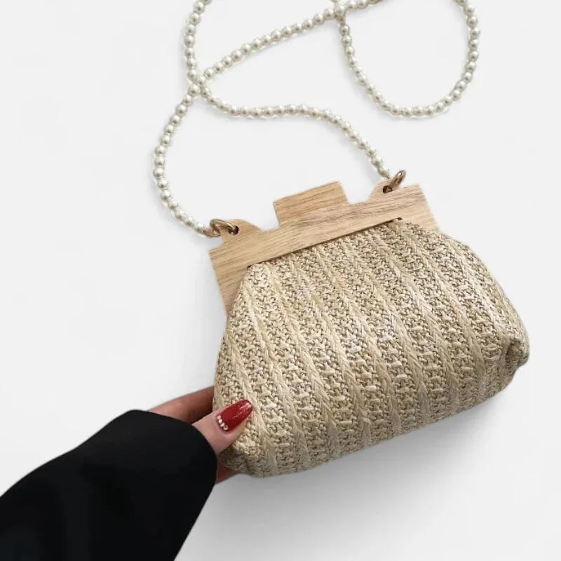 Petit sac à main en paille avec bandoulière et anses en perle Maïa