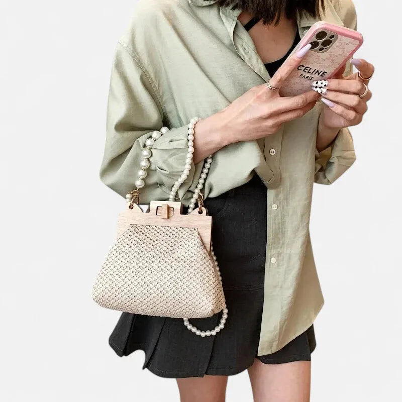 Petit sac à main en paille avec bandoulière et anses en perle Maïa
