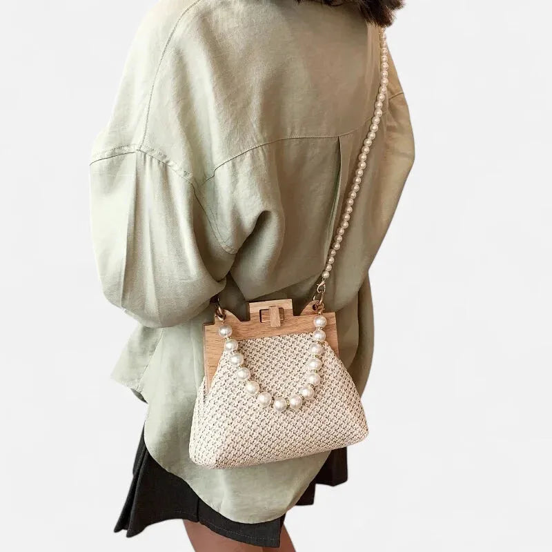 Petit sac à main en paille avec bandoulière et anses en perle Maïa