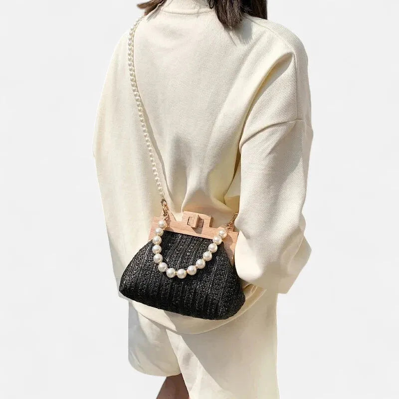 Petit sac à main en paille avec bandoulière et anses en perle Maïa