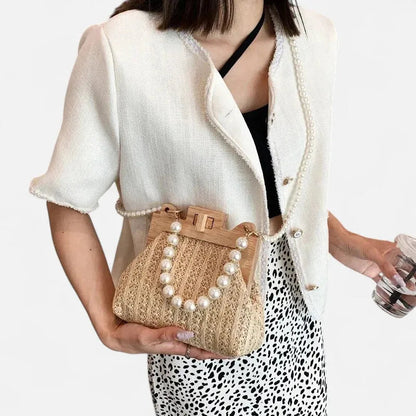 Petit sac à main en paille avec bandoulière et anses en perle Maïa