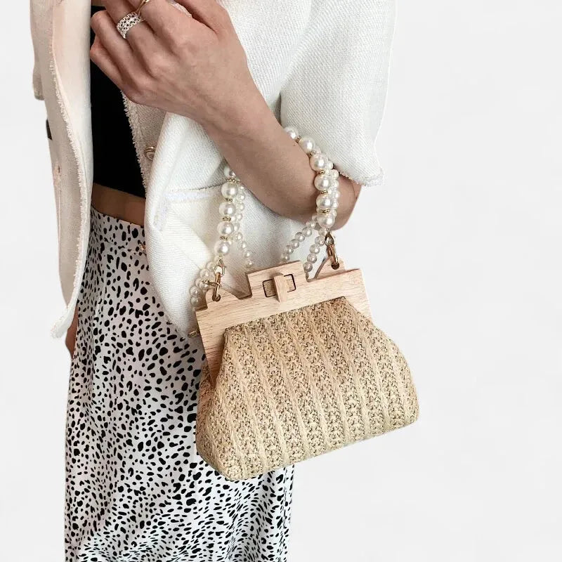 Petit sac à main en paille avec bandoulière et anses en perle Maïa