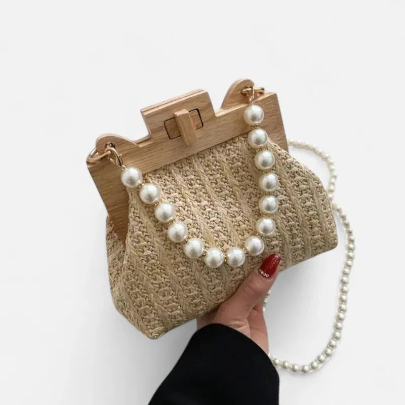 Petit sac à main en paille avec bandoulière et anses en perle Maïa