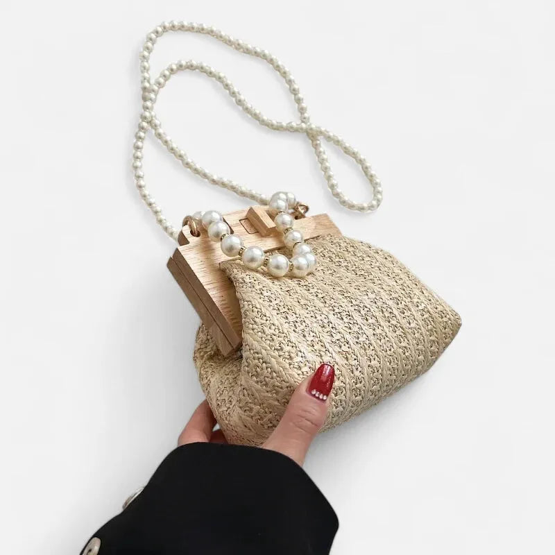 Petit sac à main en paille avec bandoulière et anses en perle Maïa