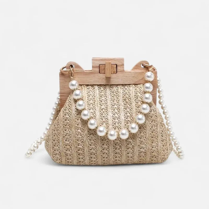 Petit sac à main en paille avec bandoulière et anses en perle Maïa
