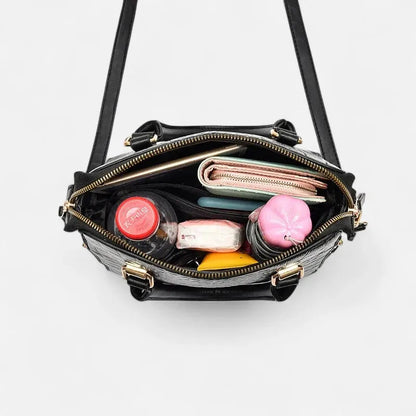 Sac à main bandoulière imitation croco avec son charms chat doré Sidonie