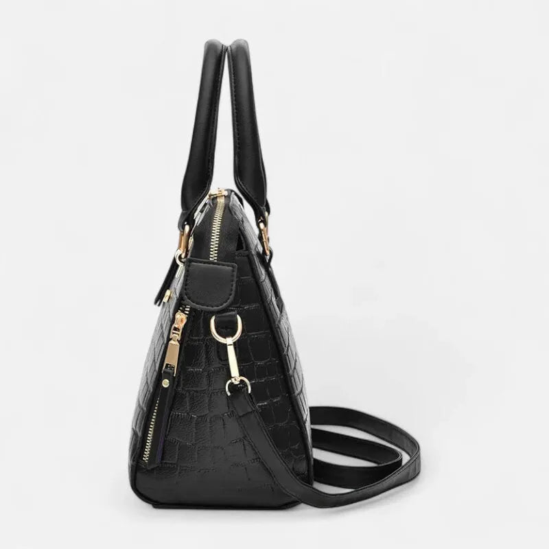 Sac à main bandoulière imitation croco avec son charms chat doré Sidonie