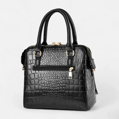 Sac à main bandoulière imitation croco avec son charms chat doré Sidonie