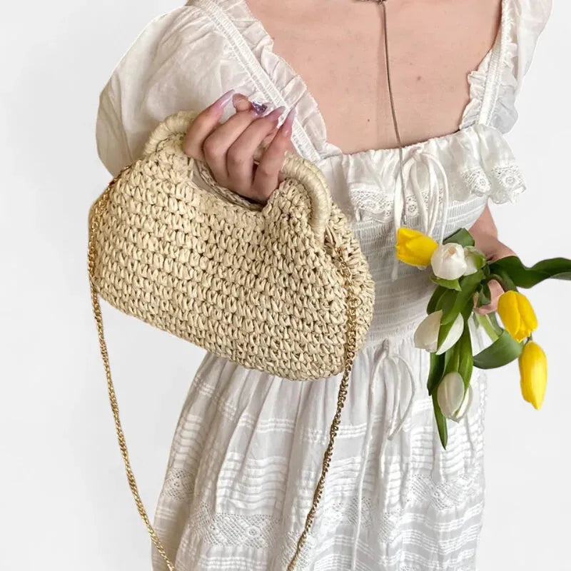 Sac à main en paille avec bandoulière en chaîne dorée Jade